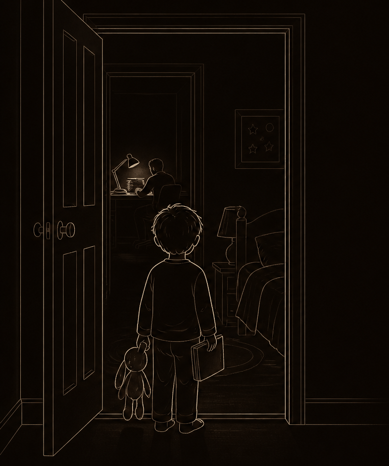 Line illustration of a child standing in a bedroom doorway at bedtime holding a teddy bear and a book, looking toward a parent working at a desk