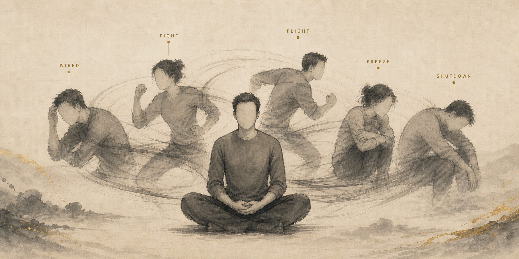 A calm seated figure at center, surrounded by five ghosted states of stress response: Wired, Fight, Flight, Freeze, and Shutdown