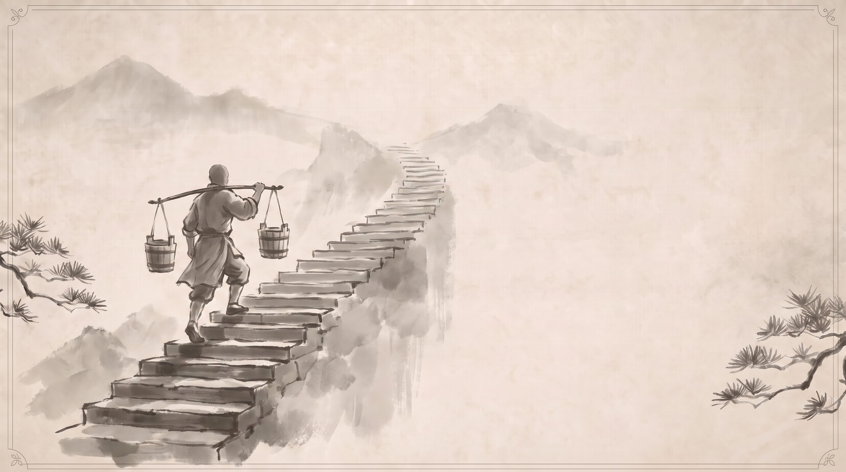 A figure carrying water climbs a stone stairway into the misty mountains