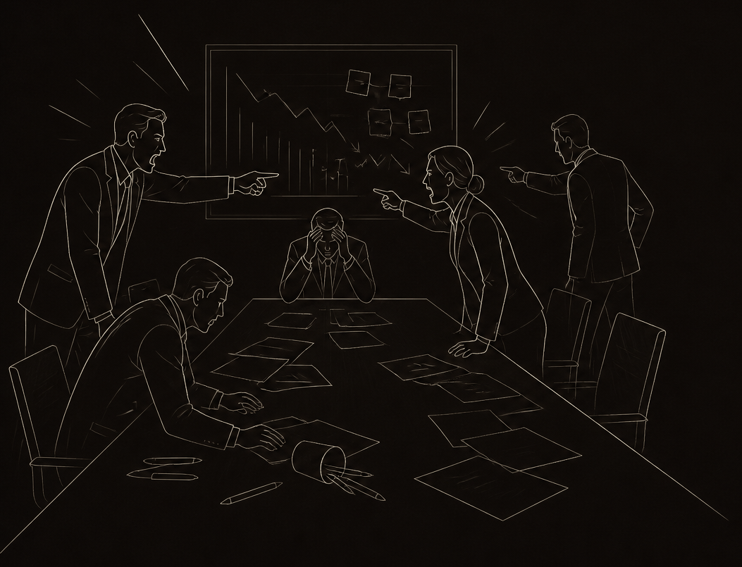 Line illustration of a tense boardroom confrontation, executives shouting and pointing across a conference table
