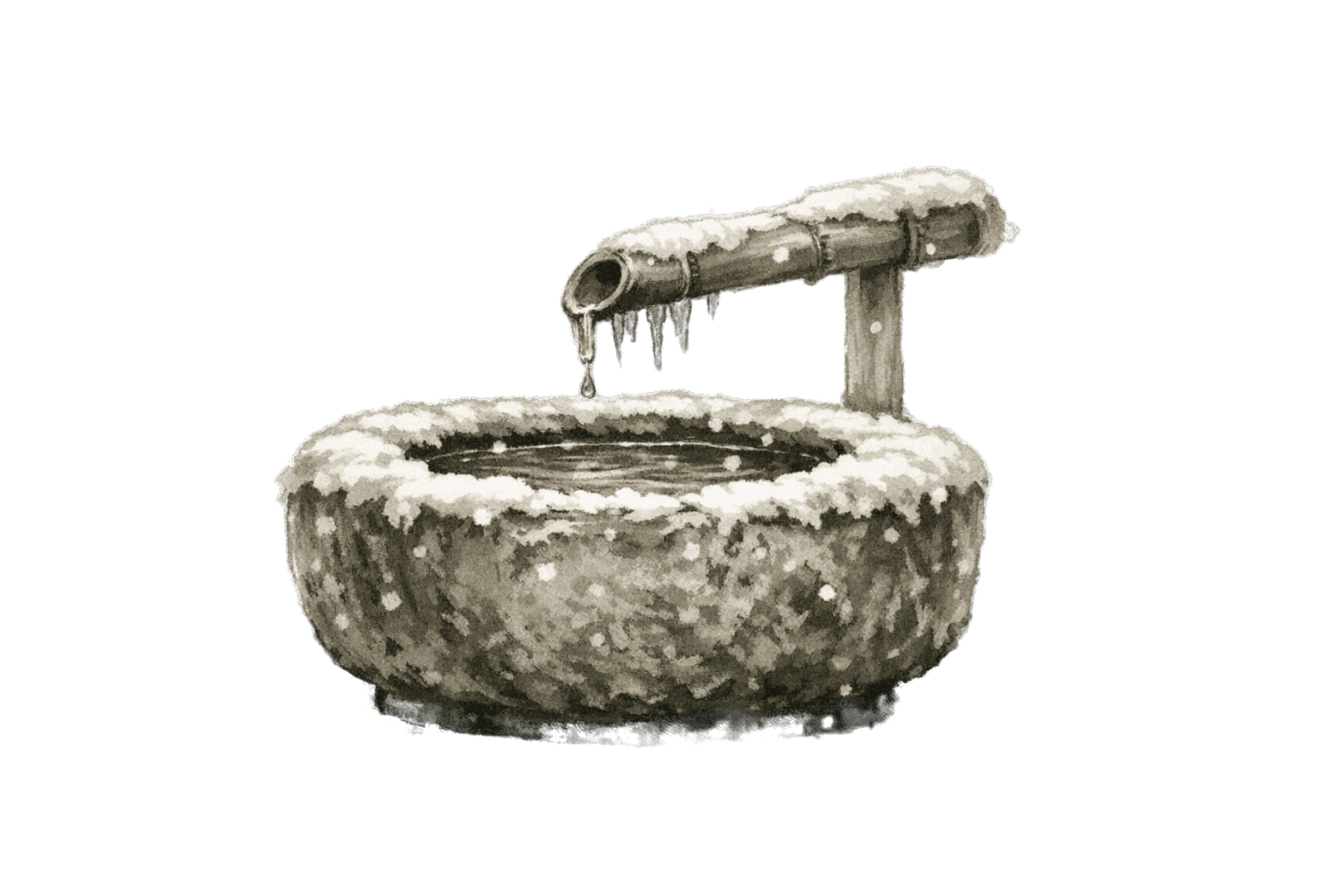 A frozen stone water basin with falling snow
