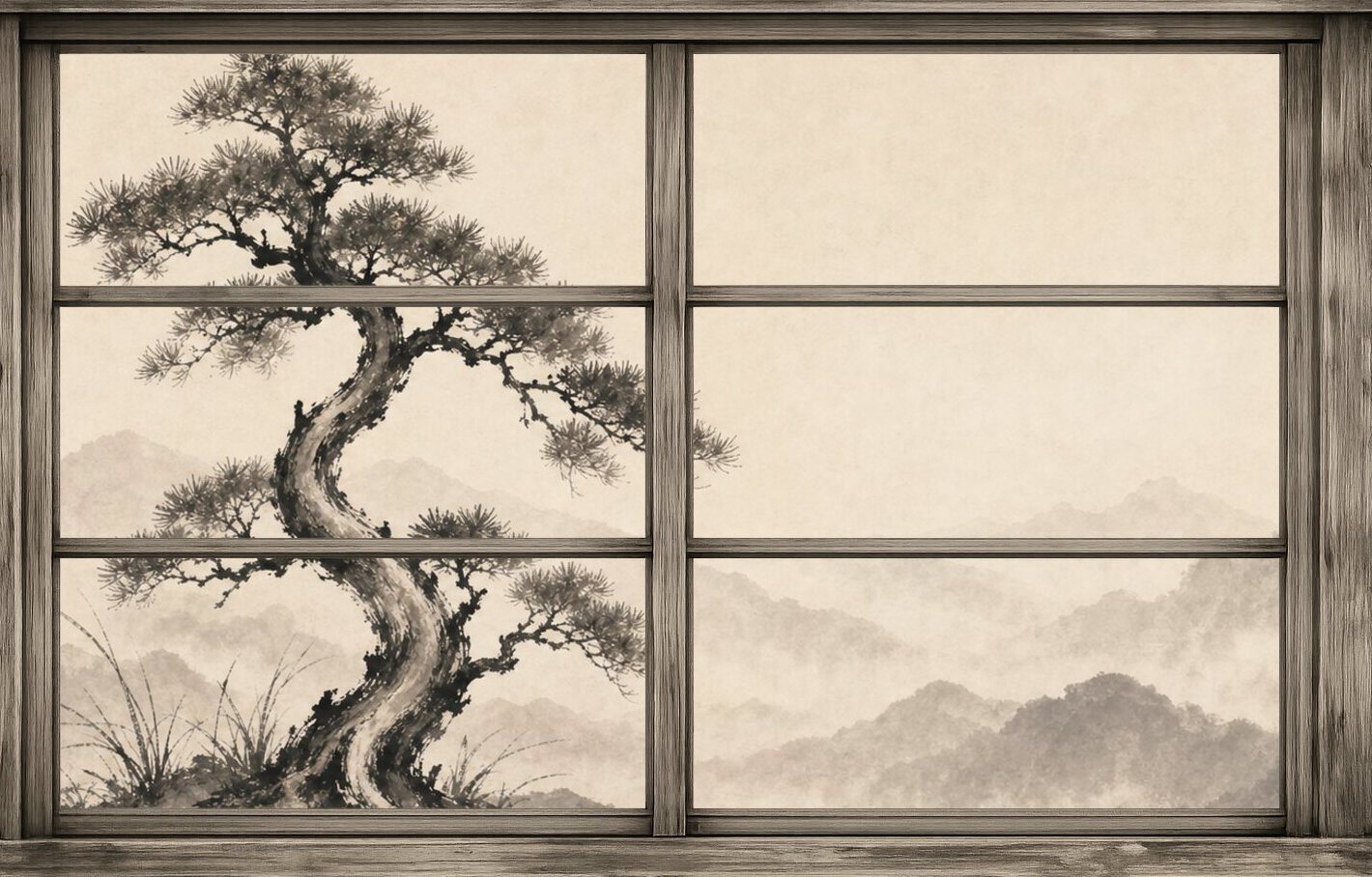 A calm mountain vista seen through a wooden window frame